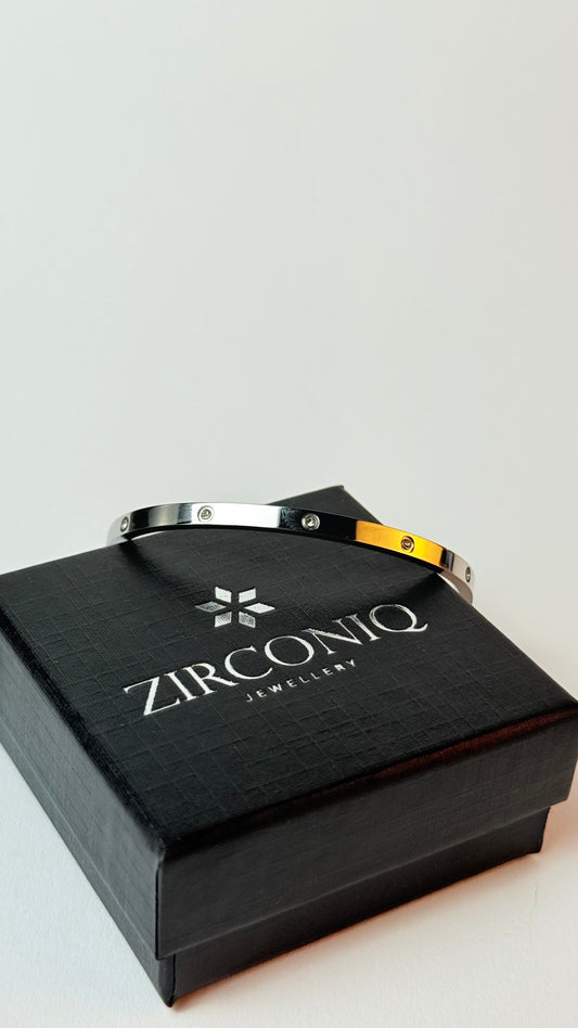 Zircon Studded Stainless Steel Silver Plated Bangle Bracelet - Silver