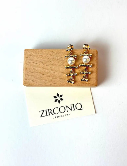 18K Gold-Plated Bamboo-Inspired Pearl Drop Earrings