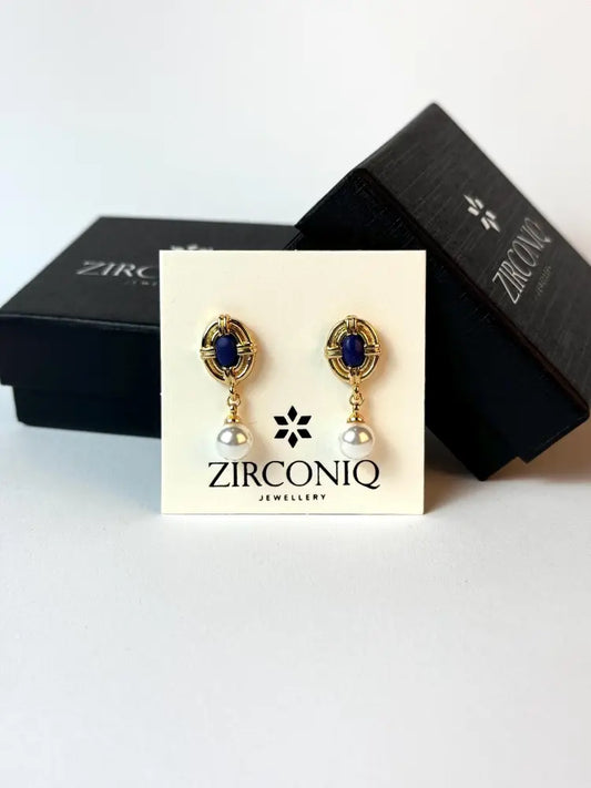 18K Gold Plated Pearl Drop Earrings with Blue Gemstones