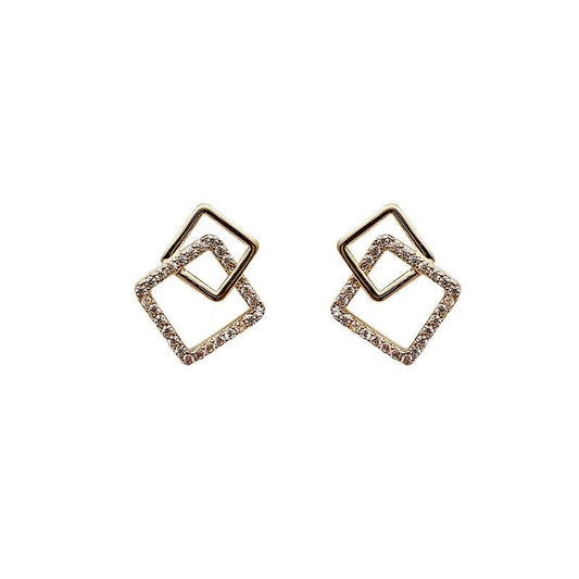 Gold Double Square Earrings with Crystals