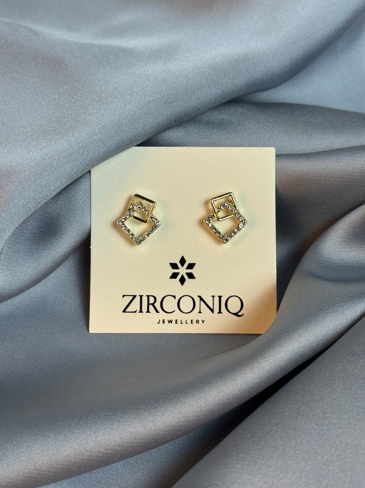 Gold Double Square Earrings with Crystals