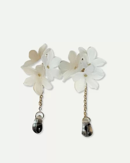 Elegant White Flower Dangle Earrings with Crystal Teardrop