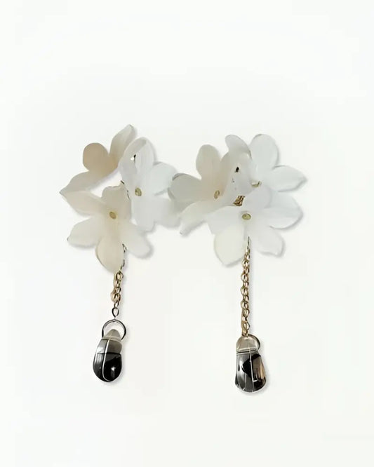 Elegant White Flower Dangle Earrings with Crystal Teardrop