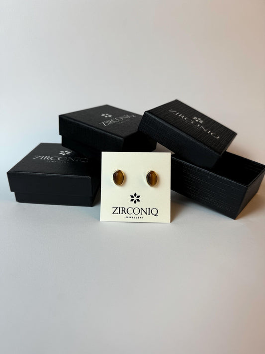 Tiger's Eye Oval Stud Earrings, Simple Gemstone Earrings