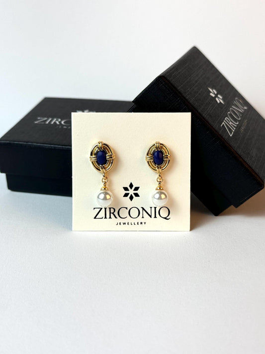 18K Gold Plated Pearl Drop Earrings with Blue Gemstones