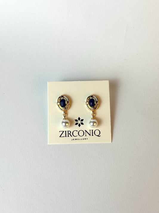 18K Gold Plated Pearl Drop Earrings with Blue Gemstones