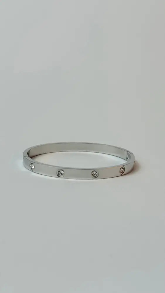 Zircon Studded Stainless Steel Silver Plated Bangle Bracelet - Silver