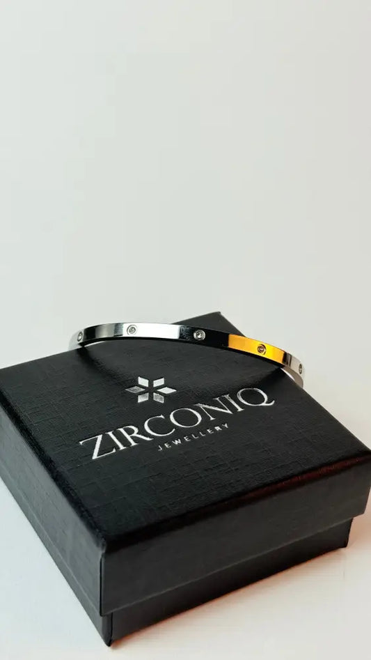 Zircon Studded Stainless Steel Silver Plated Bangle Bracelet - Silver
