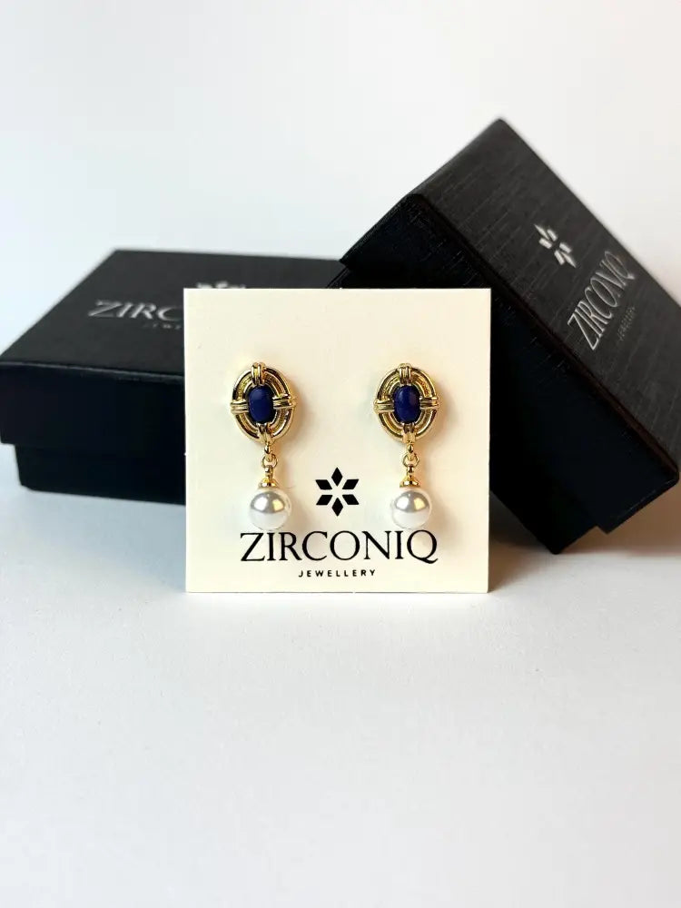 18K Gold Plated Pearl Drop Earrings with Blue Gemstones