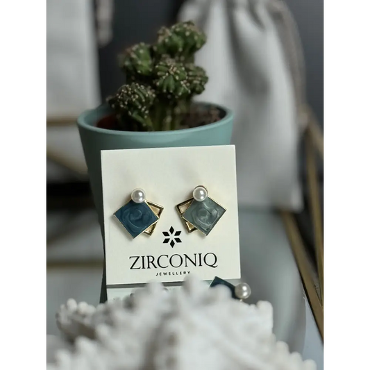 Elegant Blue Enamel Square Pearl Stud