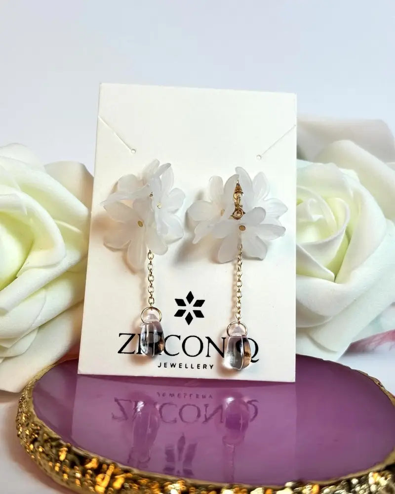 Elegant White Flower Dangle Earrings with Crystal Teardrop