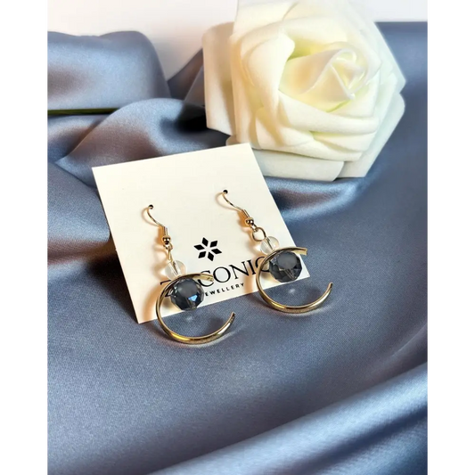 Gold Crescent Moon Earrings with Crystal Drops
