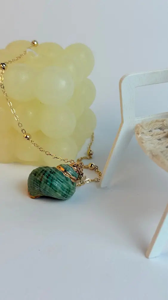 Green shell pendant on a gold chain with a white background