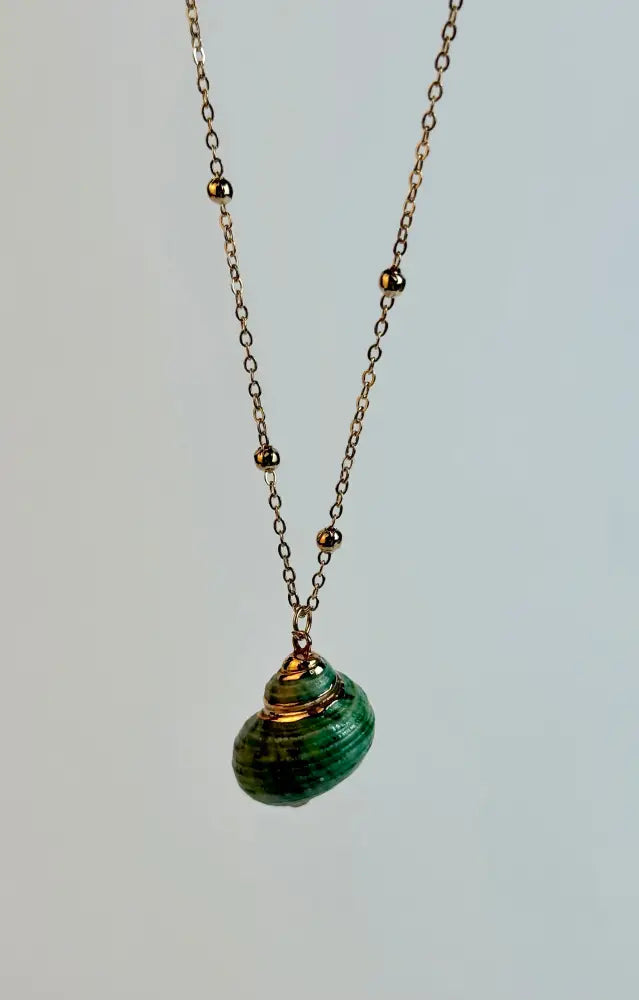 Necklace with a green shell pendant on a light gray background
