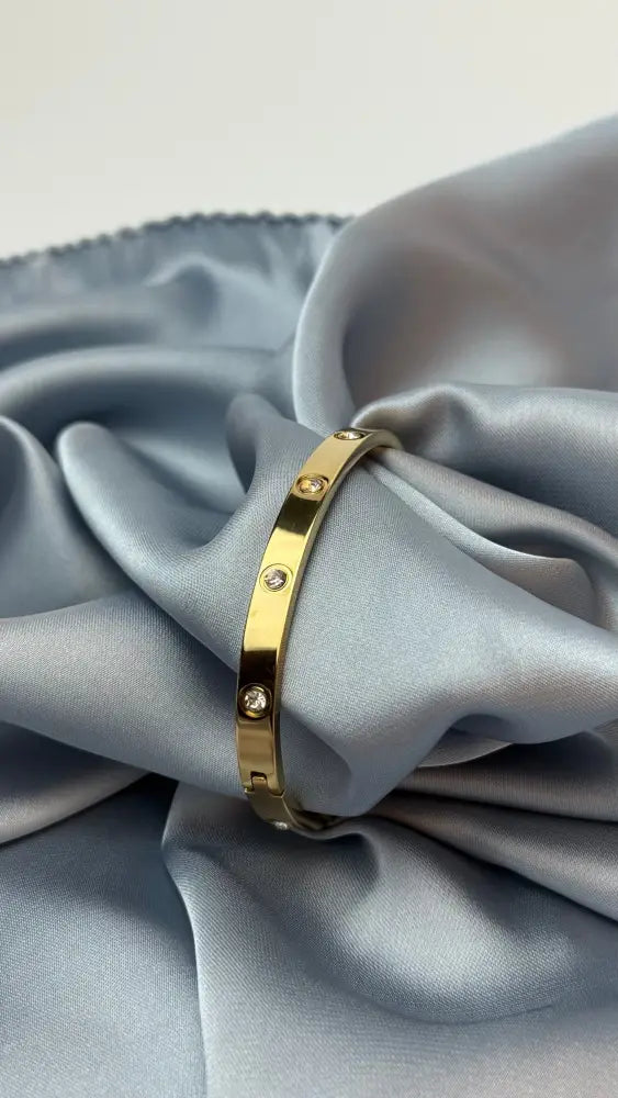 Zircon Studded Stainless Steel Gold Plated Bangle Bracelet - Yellow Gold