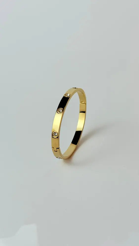 Zircon Studded Stainless Steel Gold Plated Bangle Bracelet - Yellow Gold