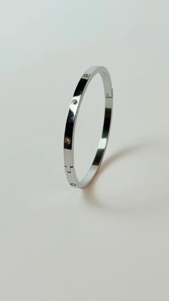 Zircon Studded Stainless Steel Silver Plated Bangle Bracelet - Silver